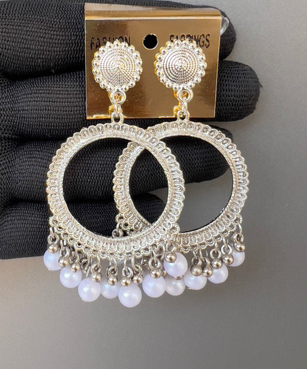 Round silver white moti jhumkas