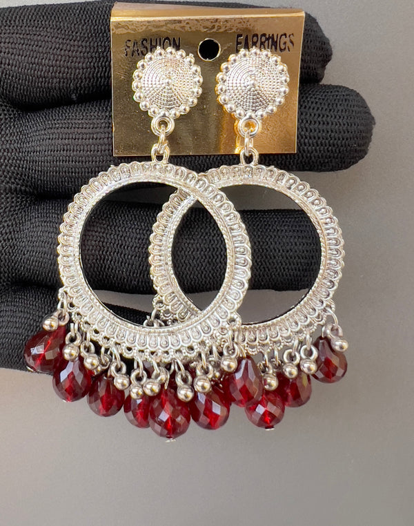 Silver Round maroon jhumka