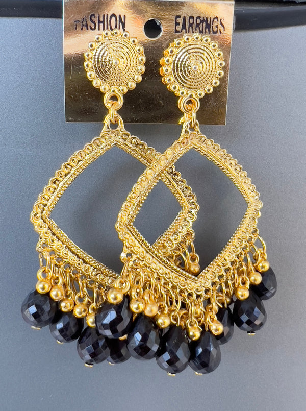 Goden square black beads jhumkas